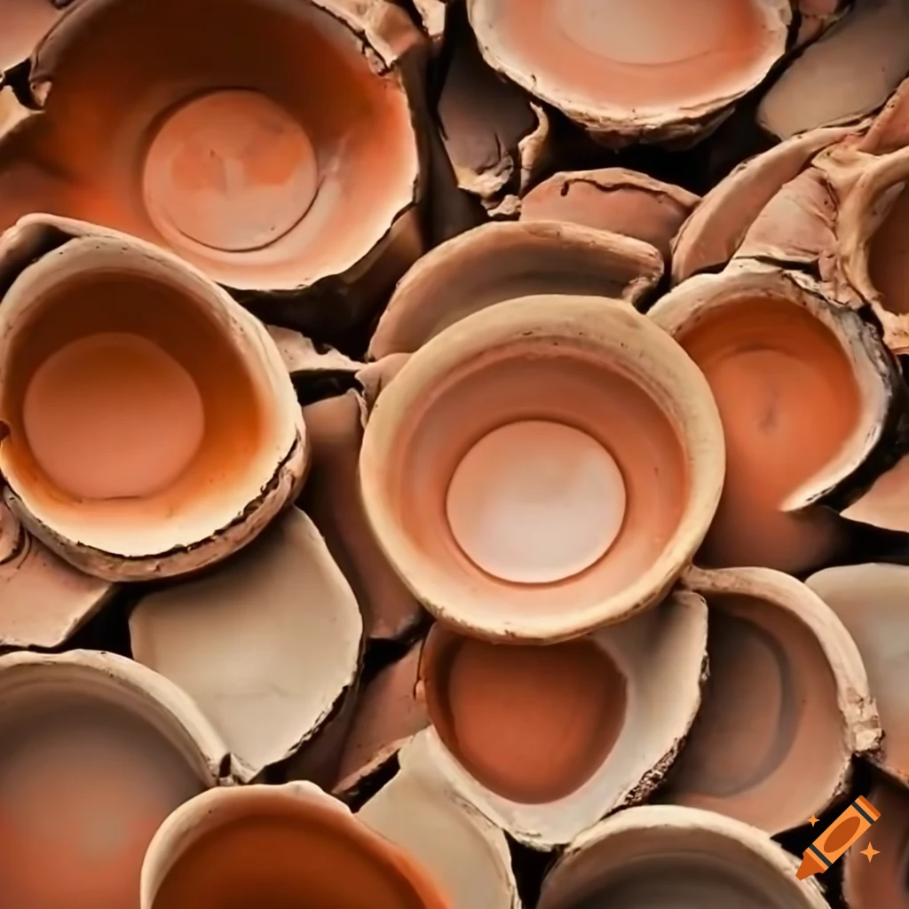 Cracked clay pots stacked together on Craiyon