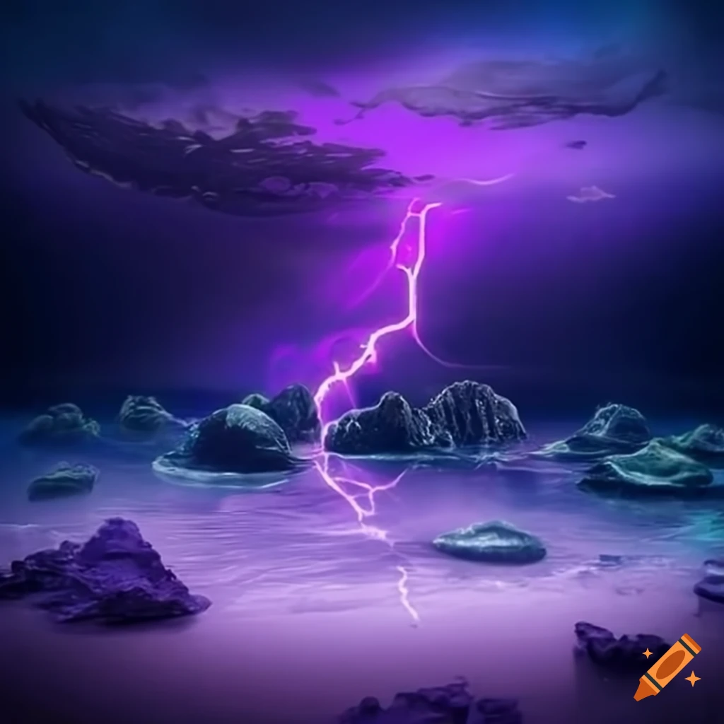 Image of a magical underwater city with purple lightning