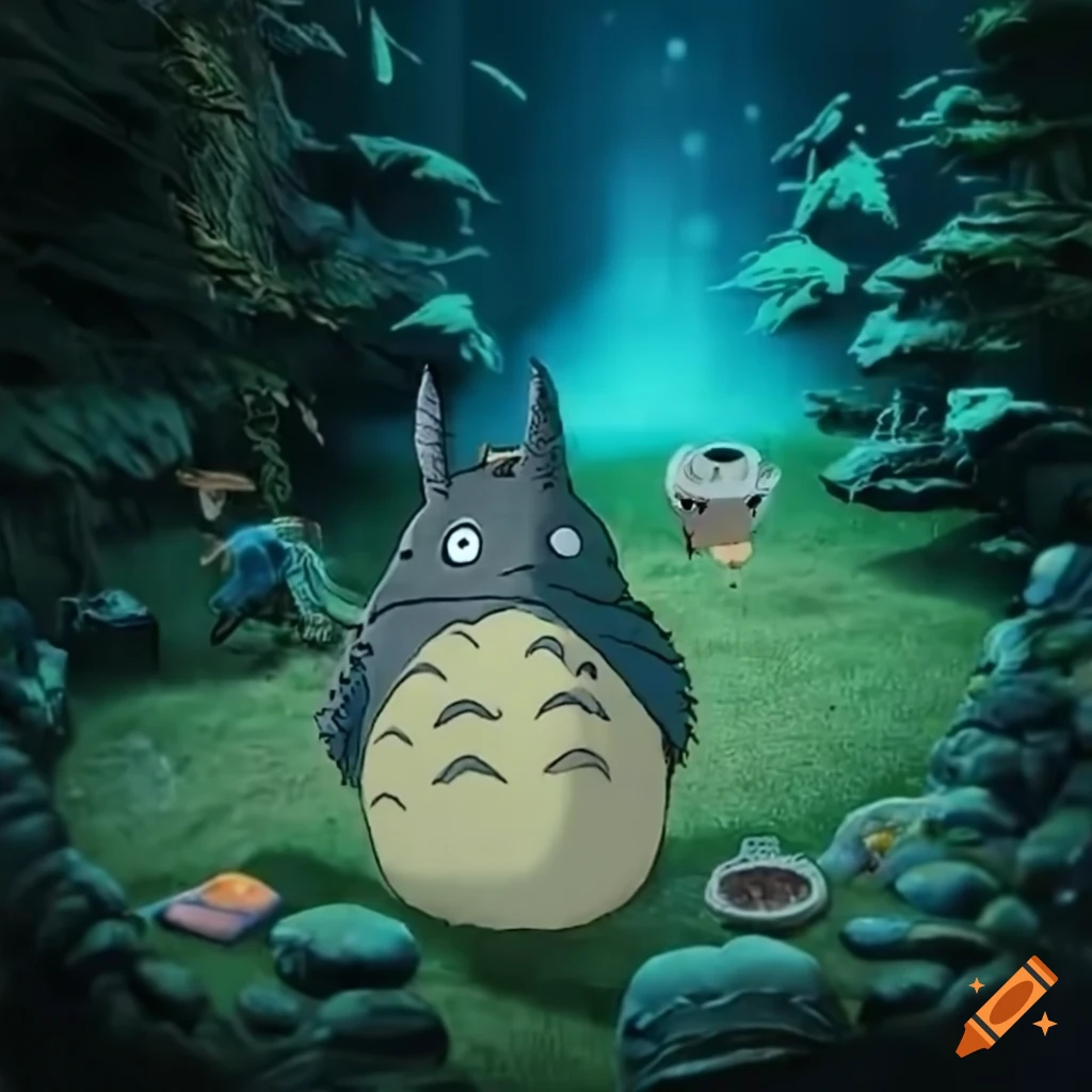 diorama of Totoro Blade Runner inspired video game scene
