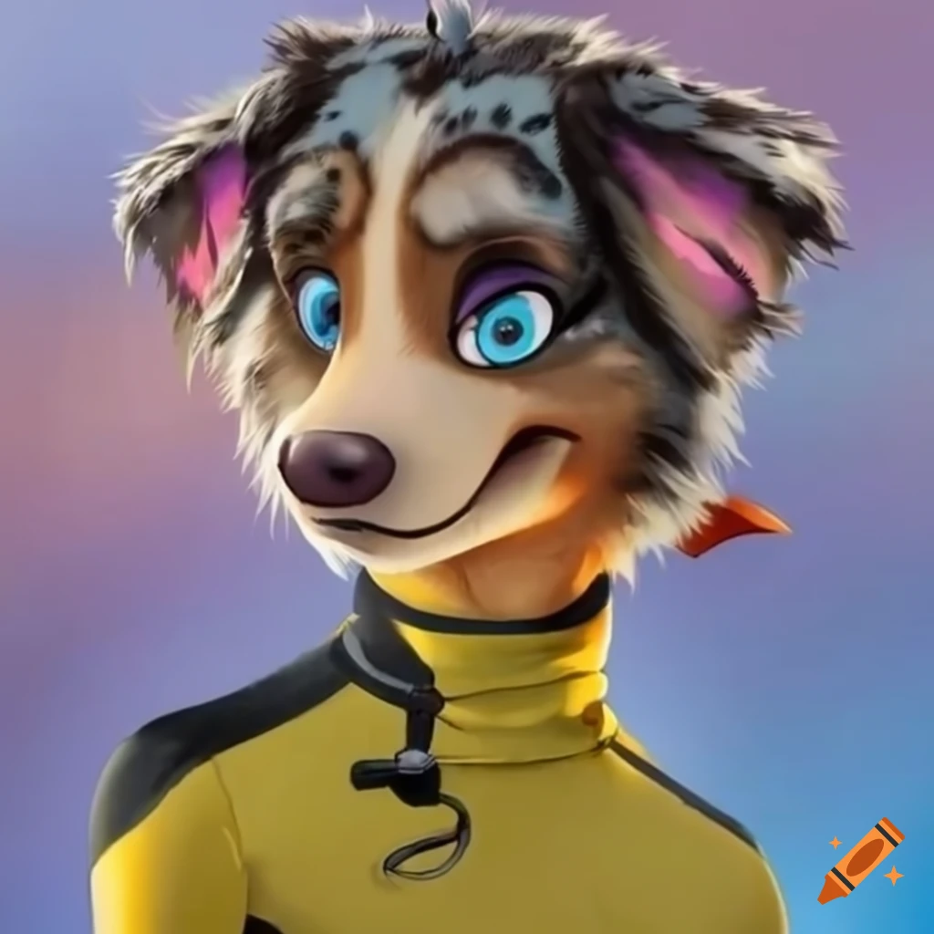 cute Disney-style anthropomorphic Australian Shepherd in a wetsuit