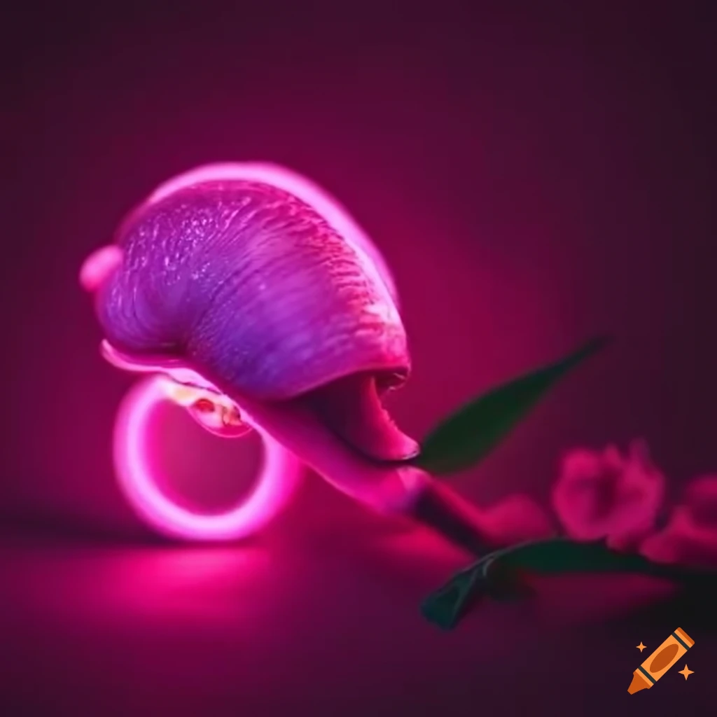 neon-lit snail on cherry blossom branch