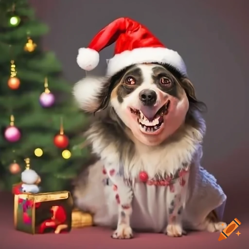 Festive dog with bone near christmas tree on Craiyon