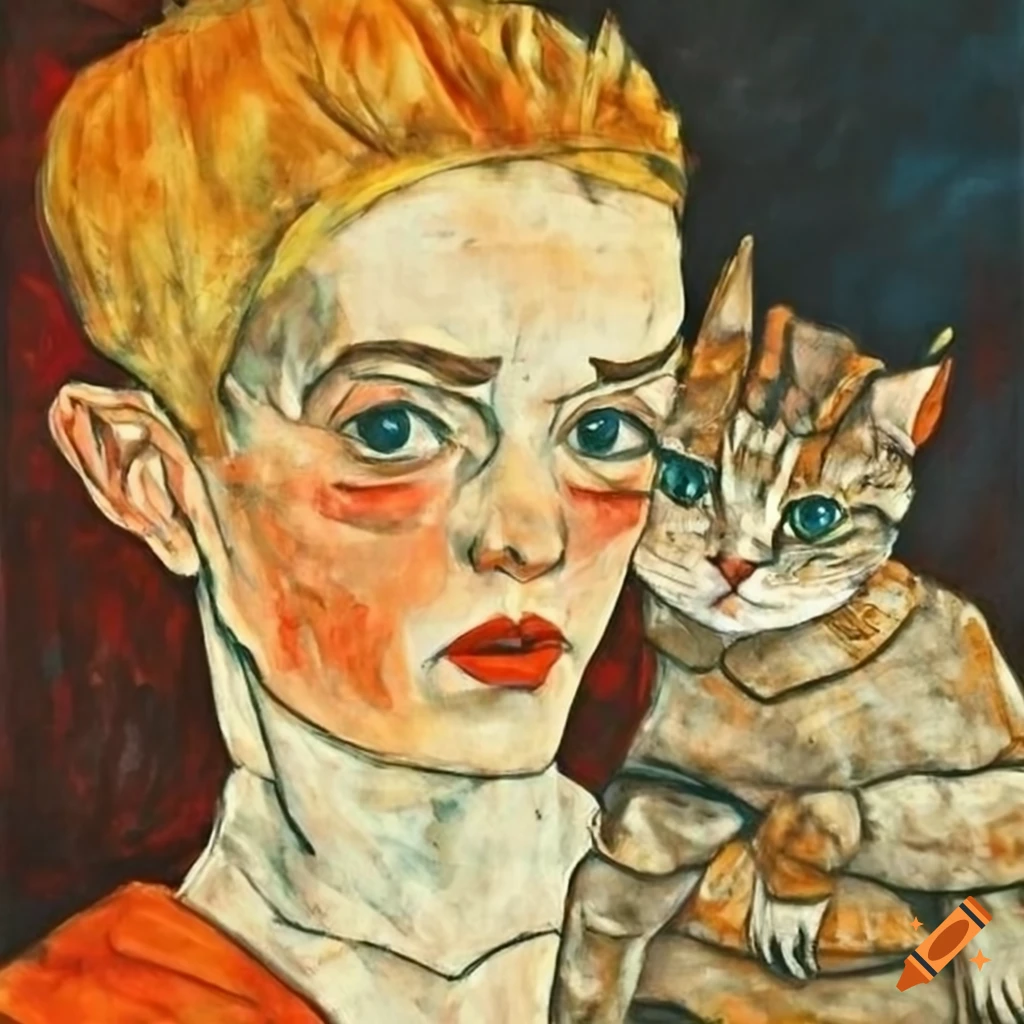 girl with cat in Egon Schiele style