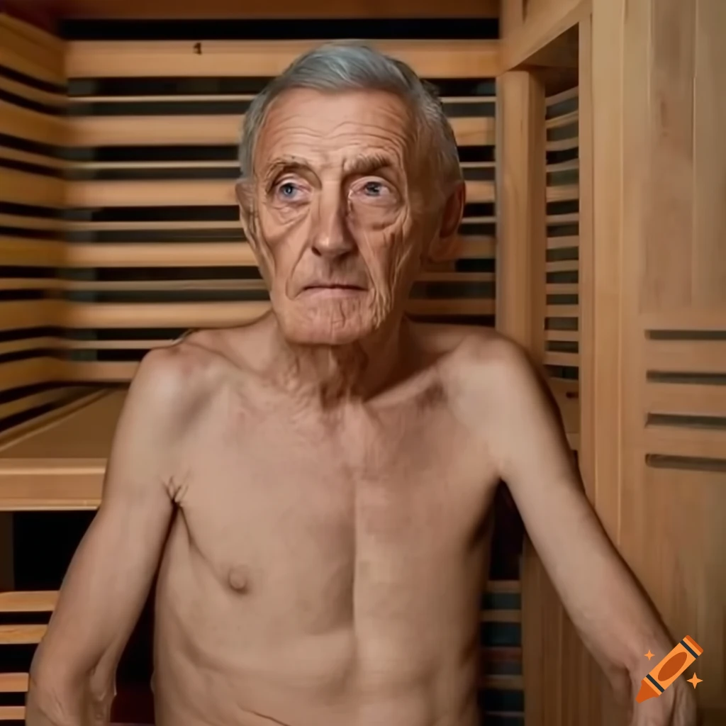 image of a skinny, handsome, confused 80-year old man in a futuristic sauna
