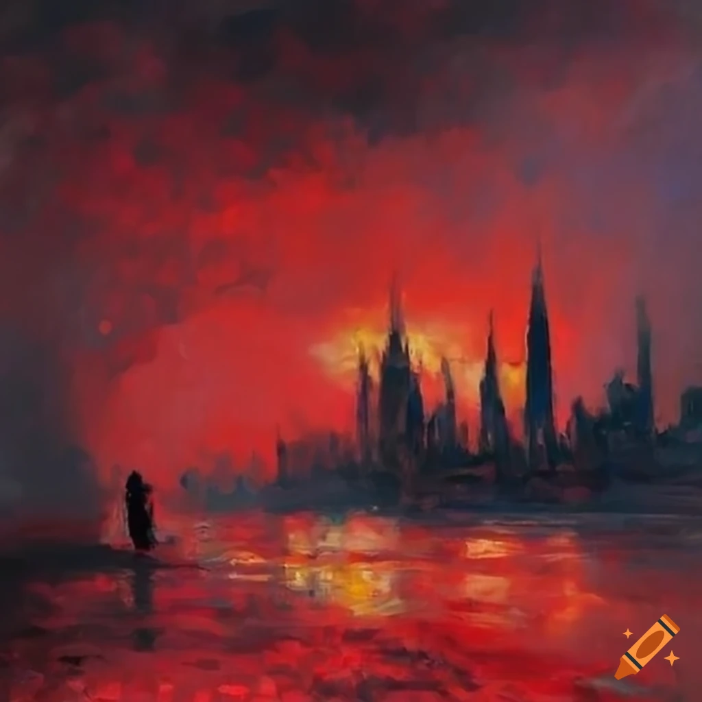 impressionist painting of a red tidal wave approaching a city