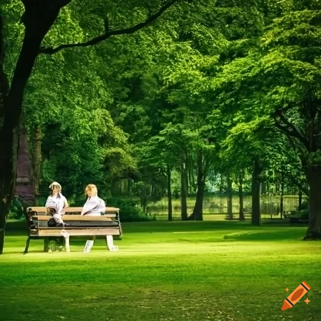 Girl sitting on wooden bench outside in a green park looking at