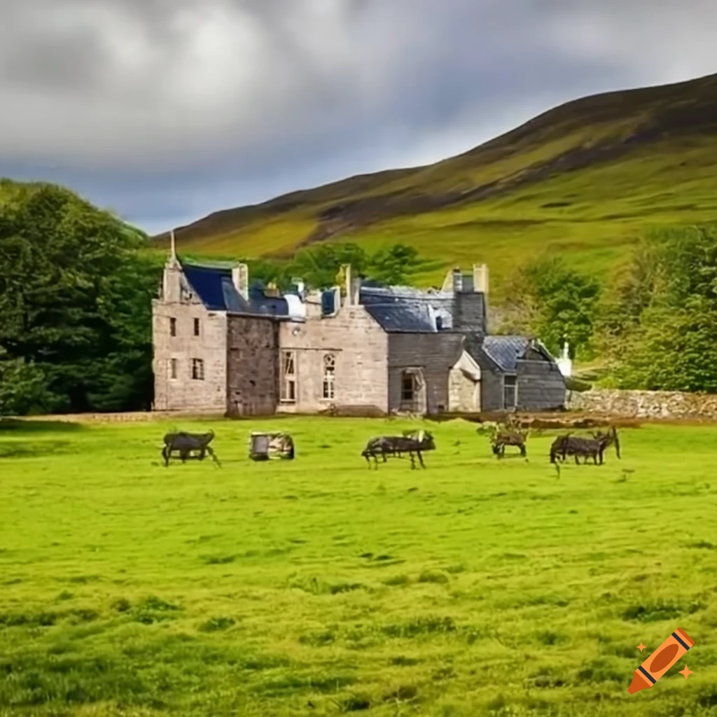 Scottish highland country house with horse stables