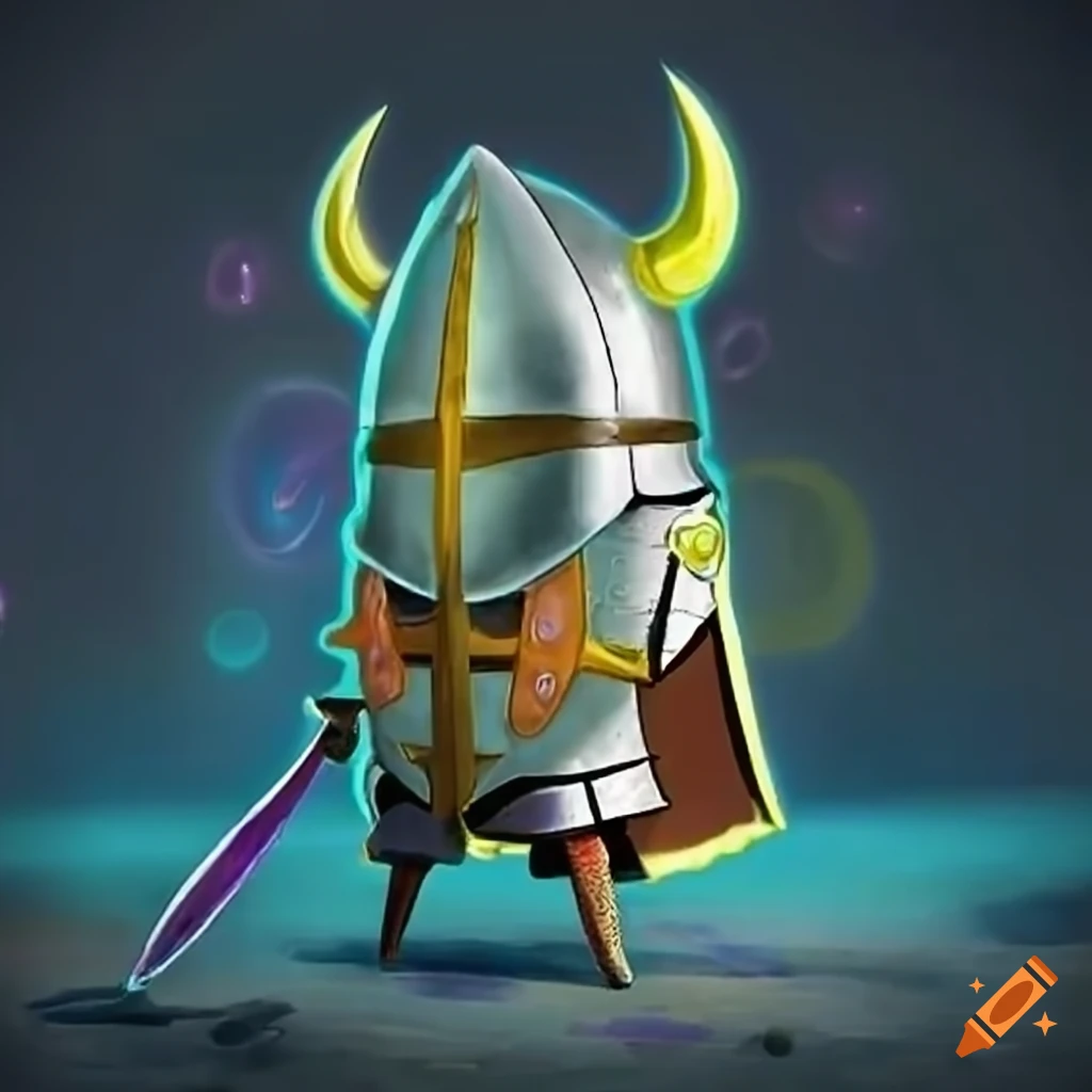 Spongebob wearing a knight helmet and wielding a crystal sword on Craiyon