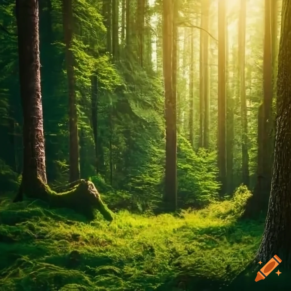 view from inside a forest onto a mountain meadow