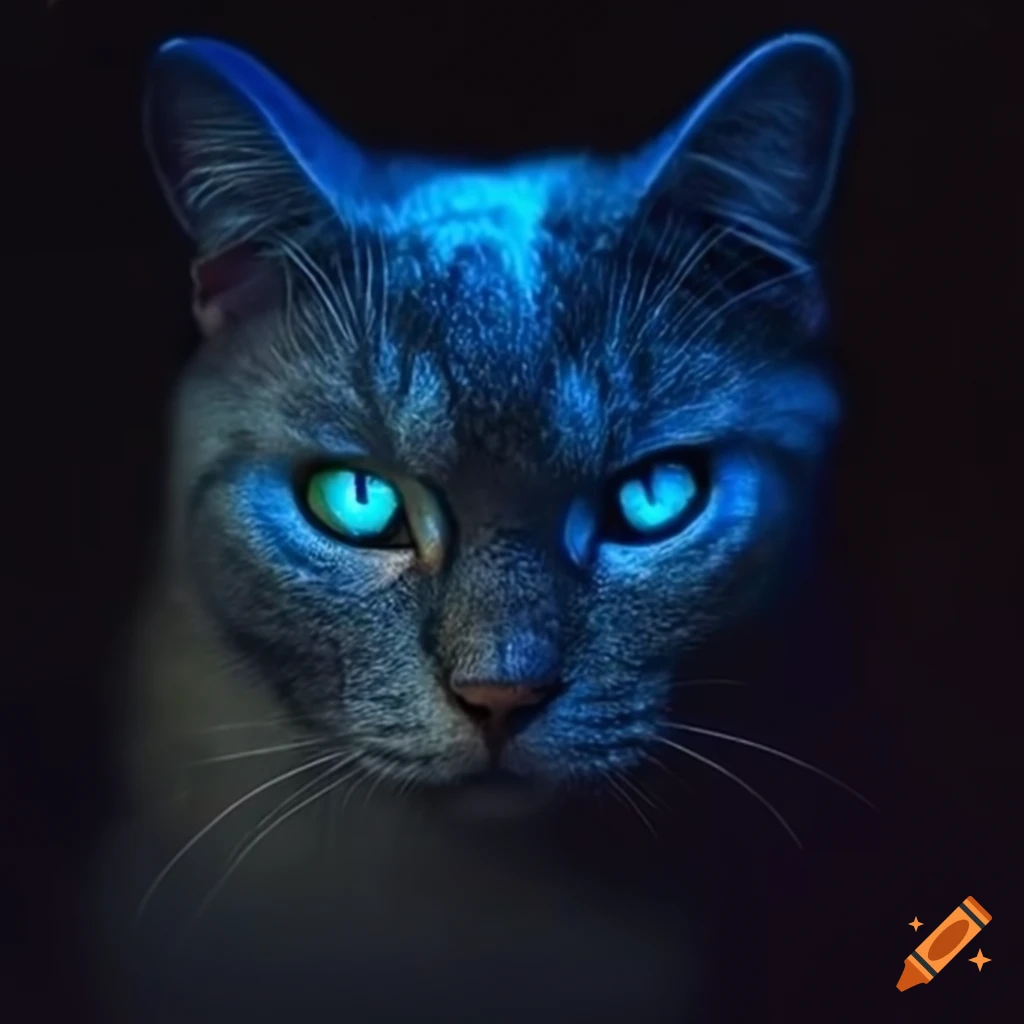 Mysterious cat with glowing blue eyes on Craiyon