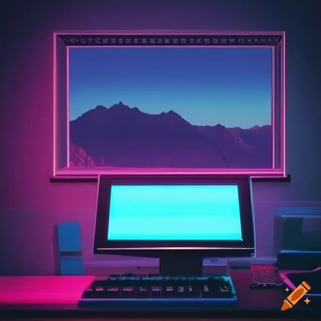 Neon 80s office desk with window view of mountains on Craiyon