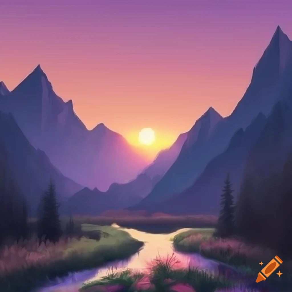 Realistic landscape of purple sky over mountains at sunset