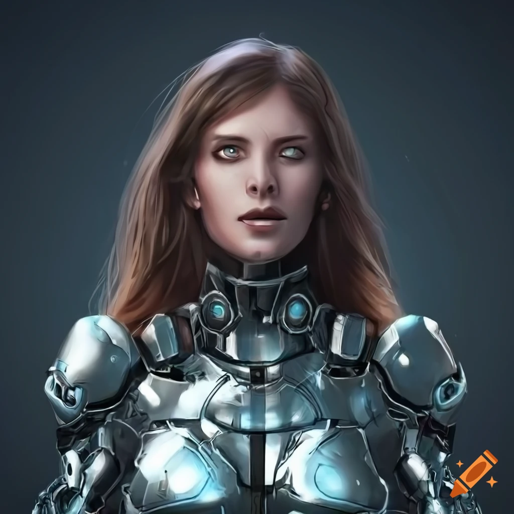 Futuristic female cyborg in chrome armor standing in a spaceship on Craiyon