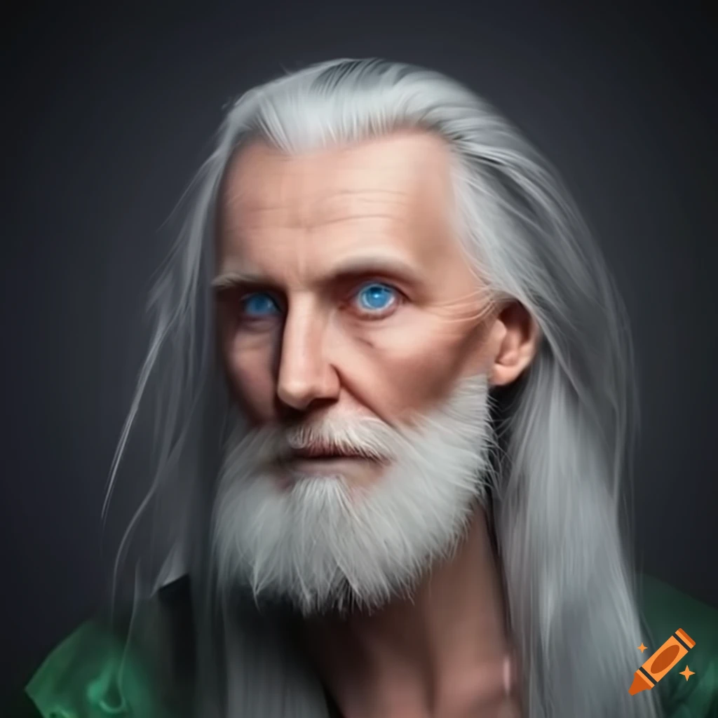 photo of a wise magician with blue eyes and long gray-blond hair