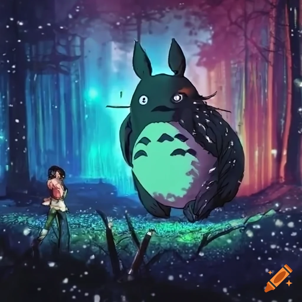 Artistic video game scene with totoro and blade runner theme on Craiyon