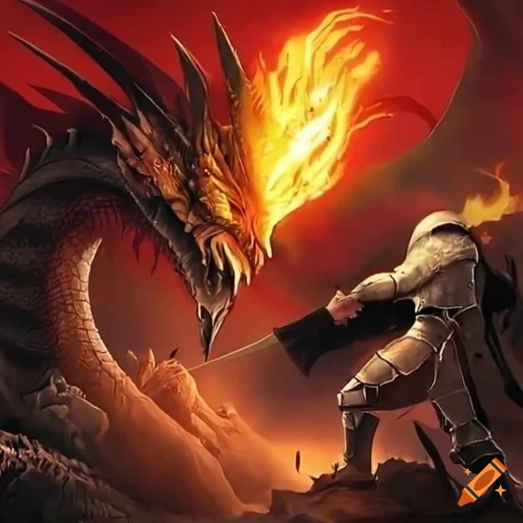 Epic depiction of a red dragon battling a black knight on Craiyon