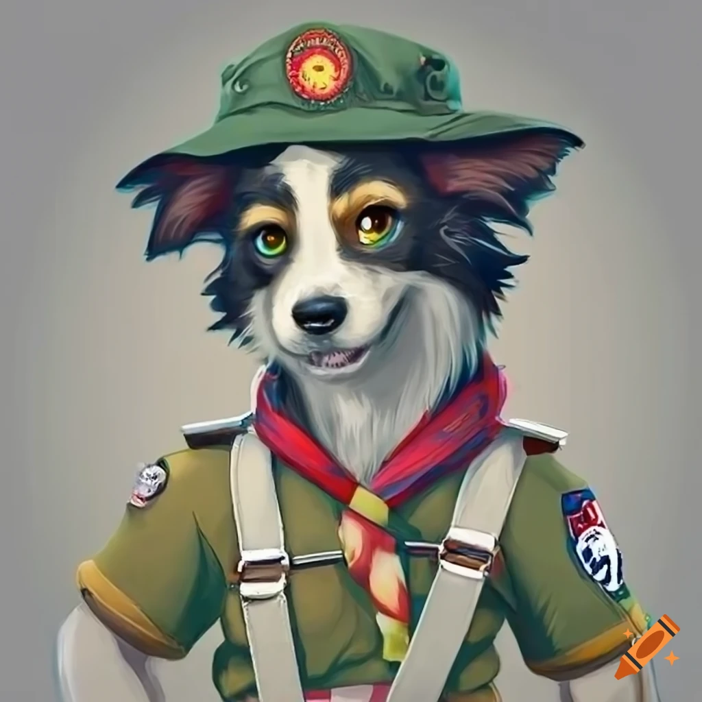 Cartoon of a border collie boy scout with suspenders on Craiyon