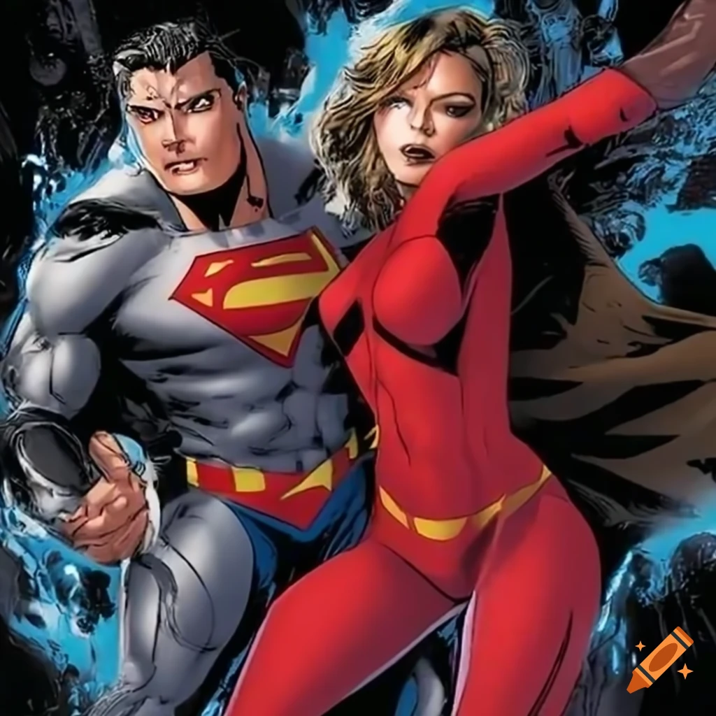Image of male and female superheroes battling in water and air
