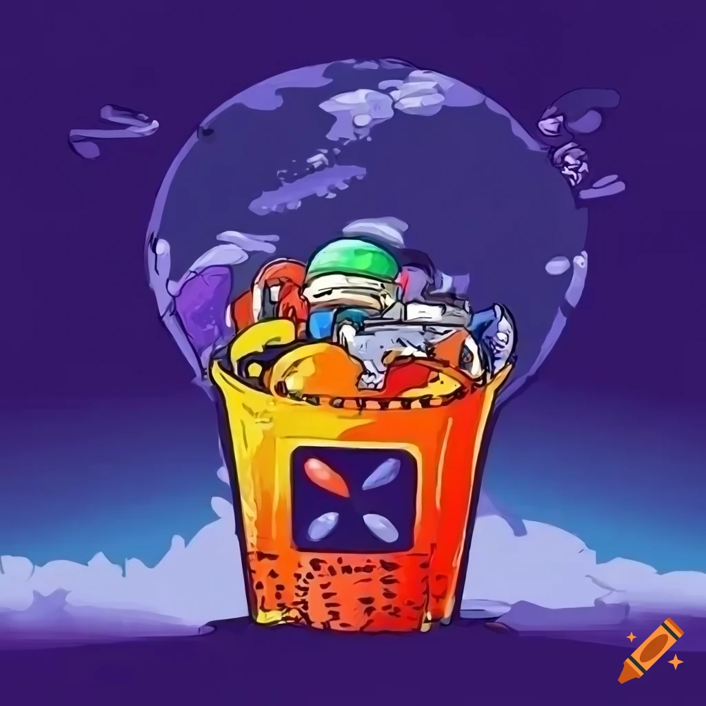 Lineart of a bucket being filled with video game art on Craiyon