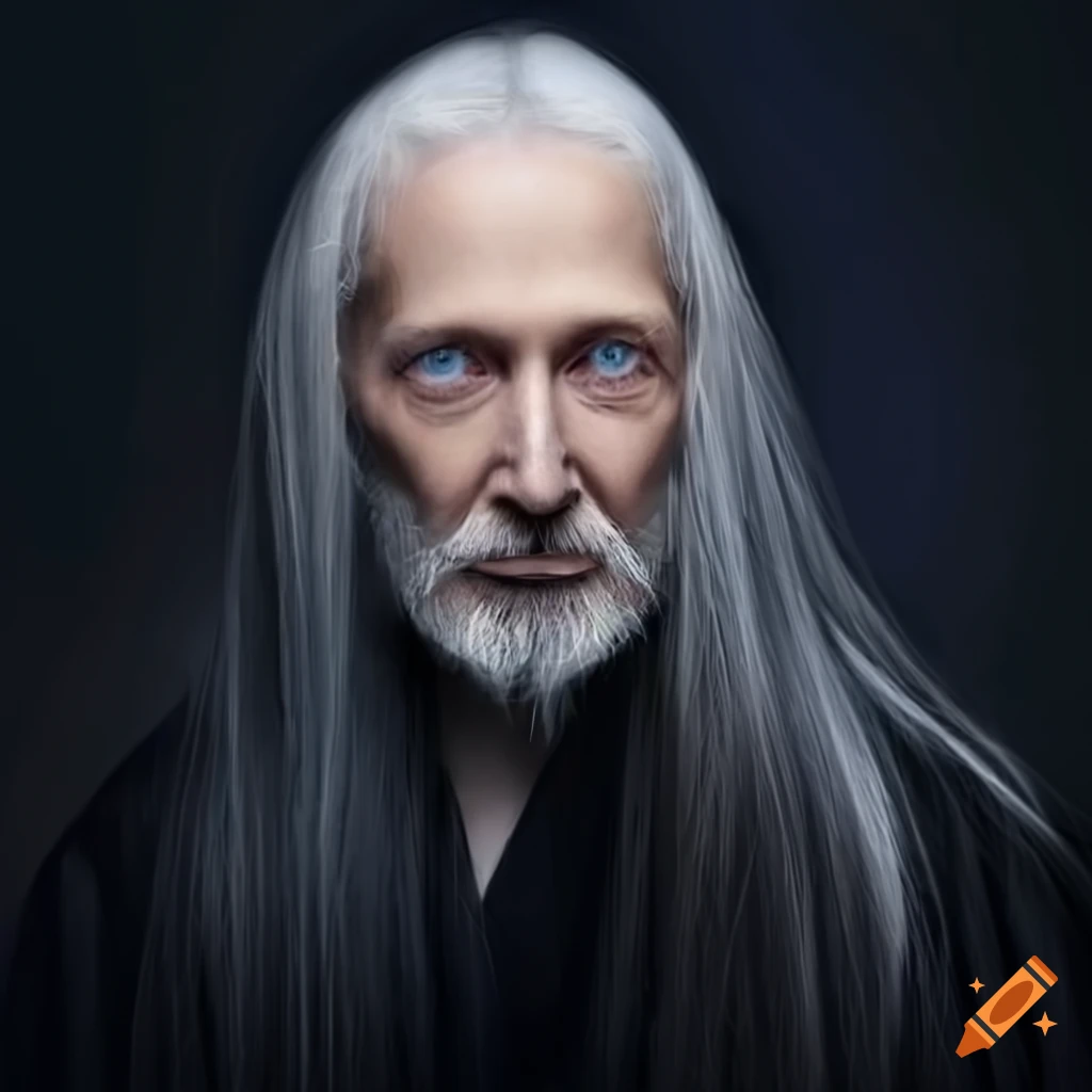 portrait of a 55 year old magician with blue eyes and long gray-blond hair