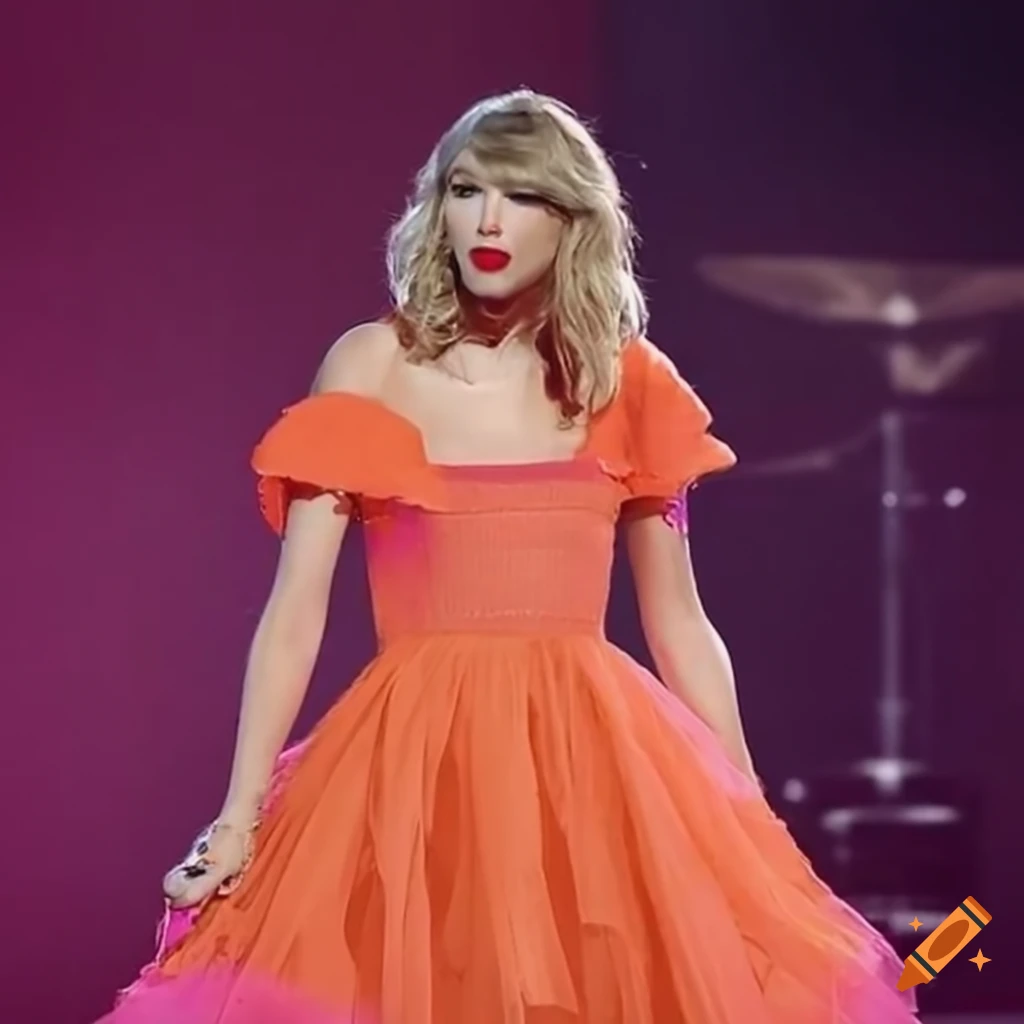 Taylor Swift Performing Under Starry Night In A Pink Orange Dress