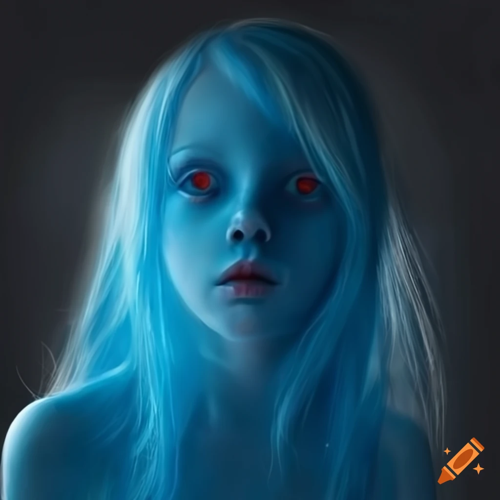 Realistic portrayal of a blue ghost girl with red shoes on Craiyon