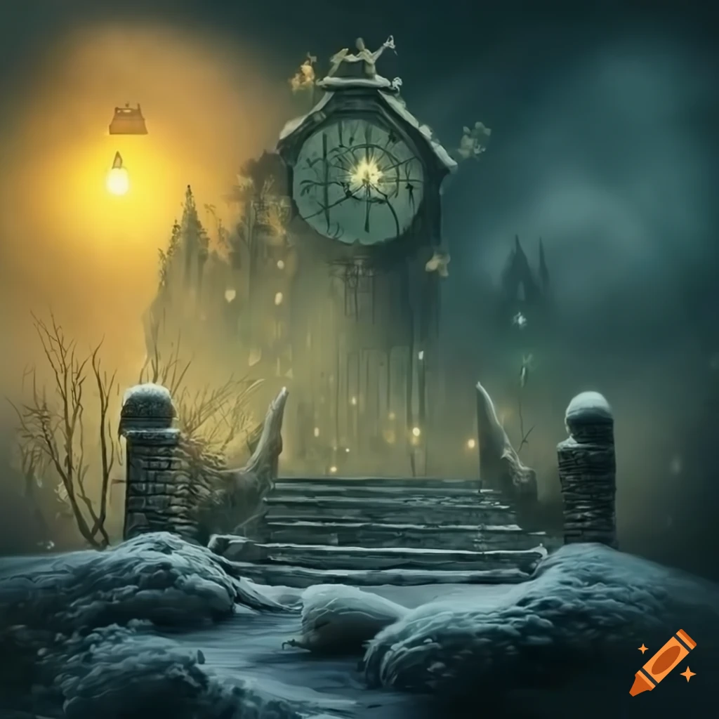 surrealistic park with strange creatures, fantastical elements and yellow light