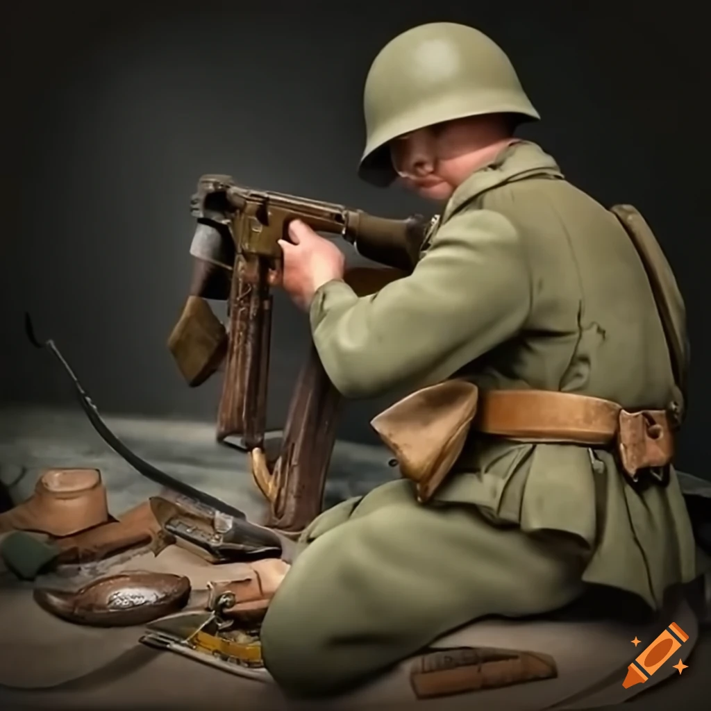 World war ii soldier cleaning his machine gun on Craiyon