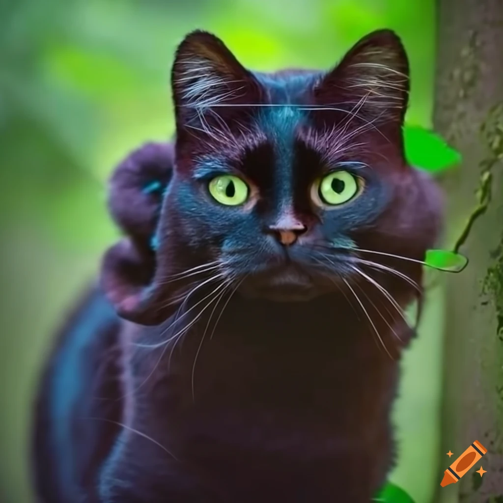Whimsical black cat in a lush forest