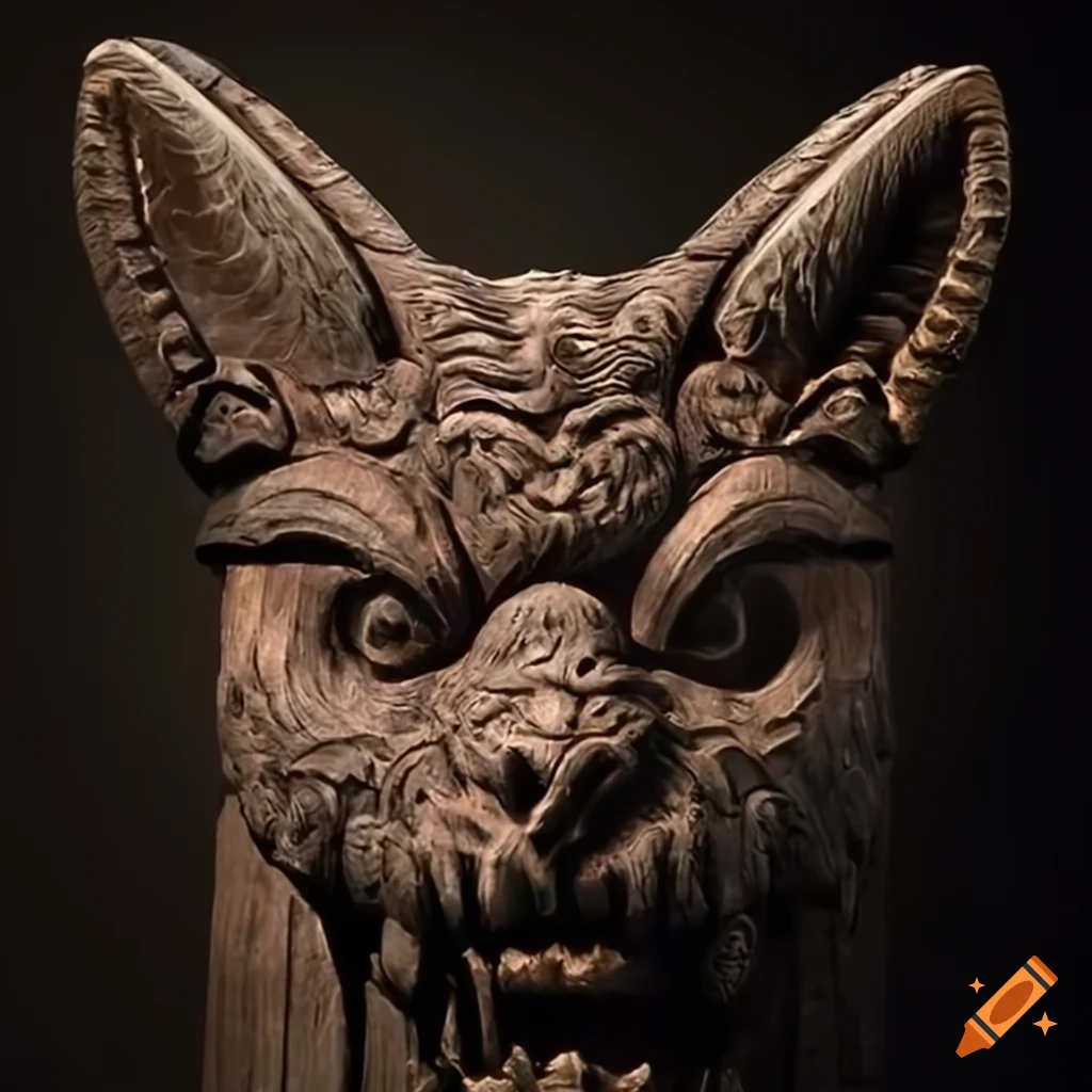 carved architectural motif with moth and werewolf design