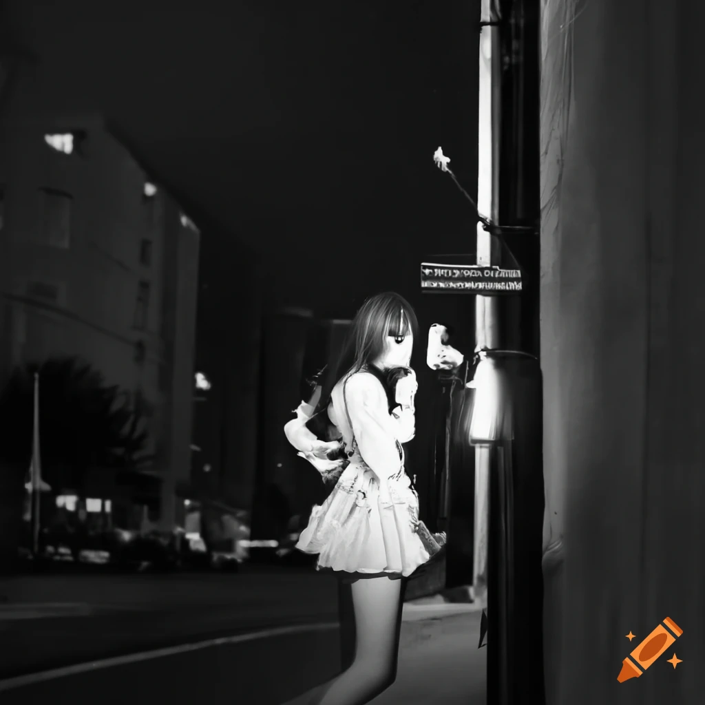 Film noir style anime girl smoking under a street lamp