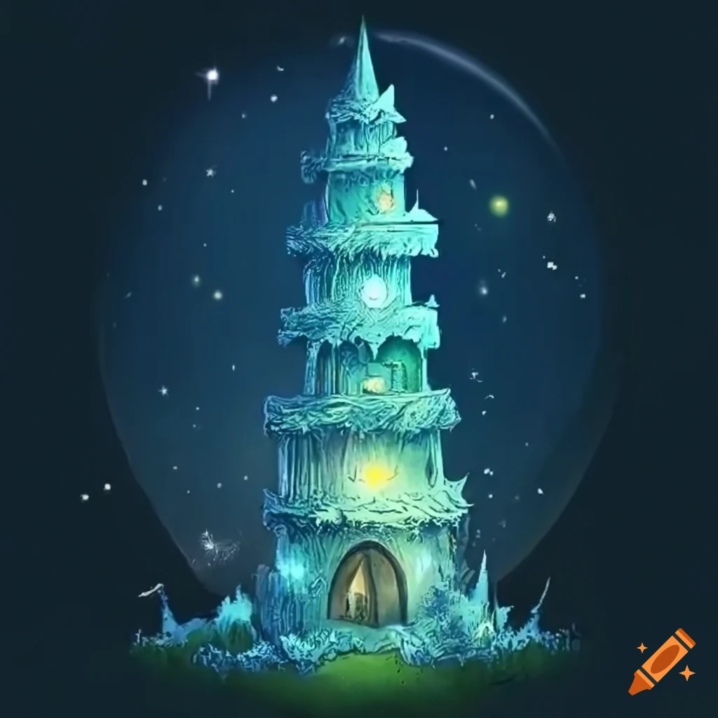 Magical tower in a lush forest with fairy lights