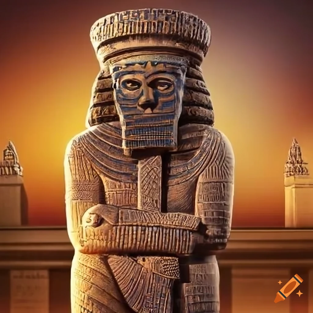 Babylonian god observing his idol with temple onlookers