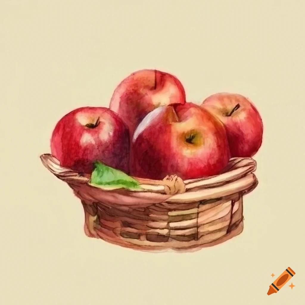 Watercolor painting of a basket of red apples