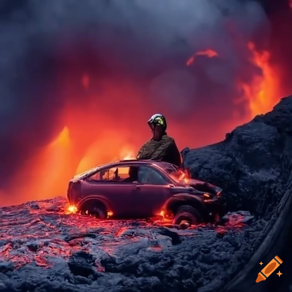 men rescuing a car from molten lava