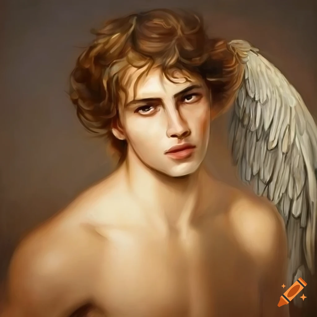 Oil painting of a handsome angel with wings