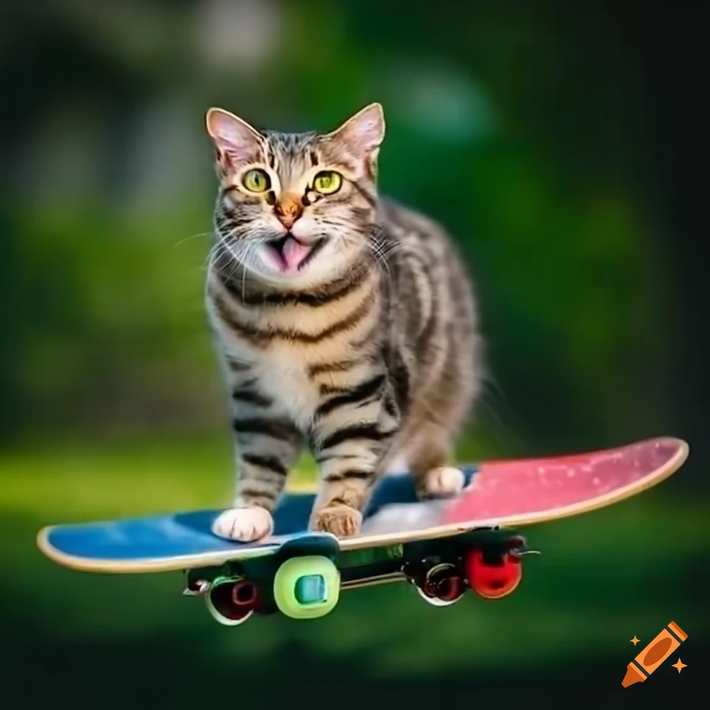 Skateboarding tabby cat with a smile on Craiyon
