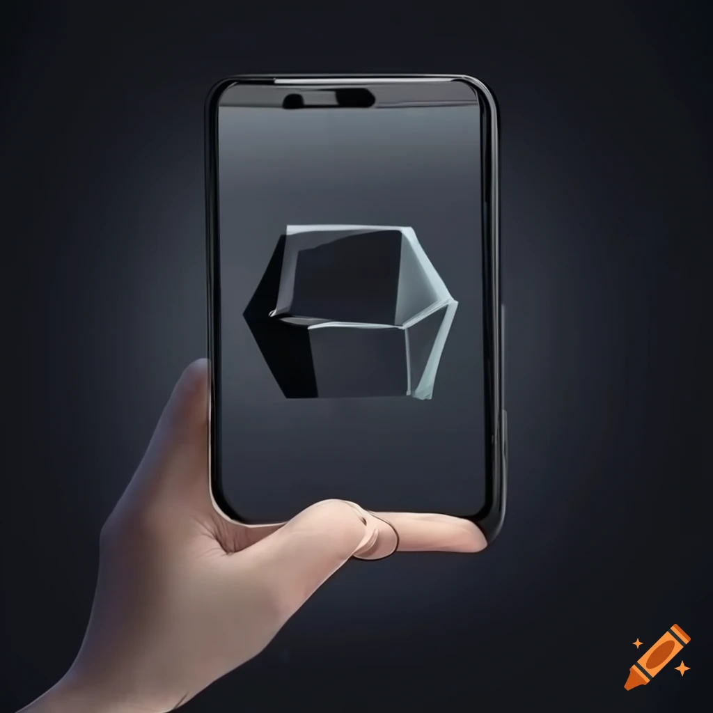 hand holding a mobile phone with a dark cube on the display