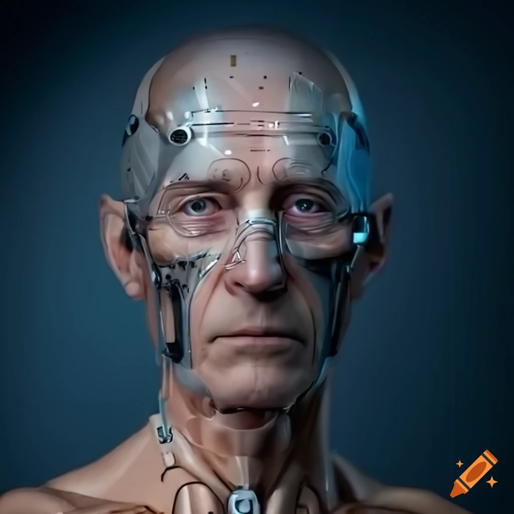 image of a frail old cyborg hooked up to a futuristic machine