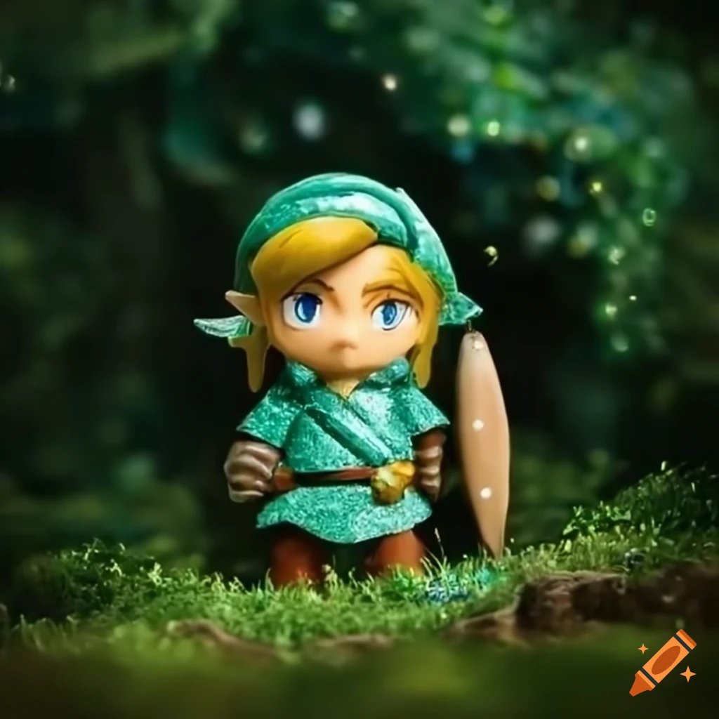diorama of Link in a glittery forest