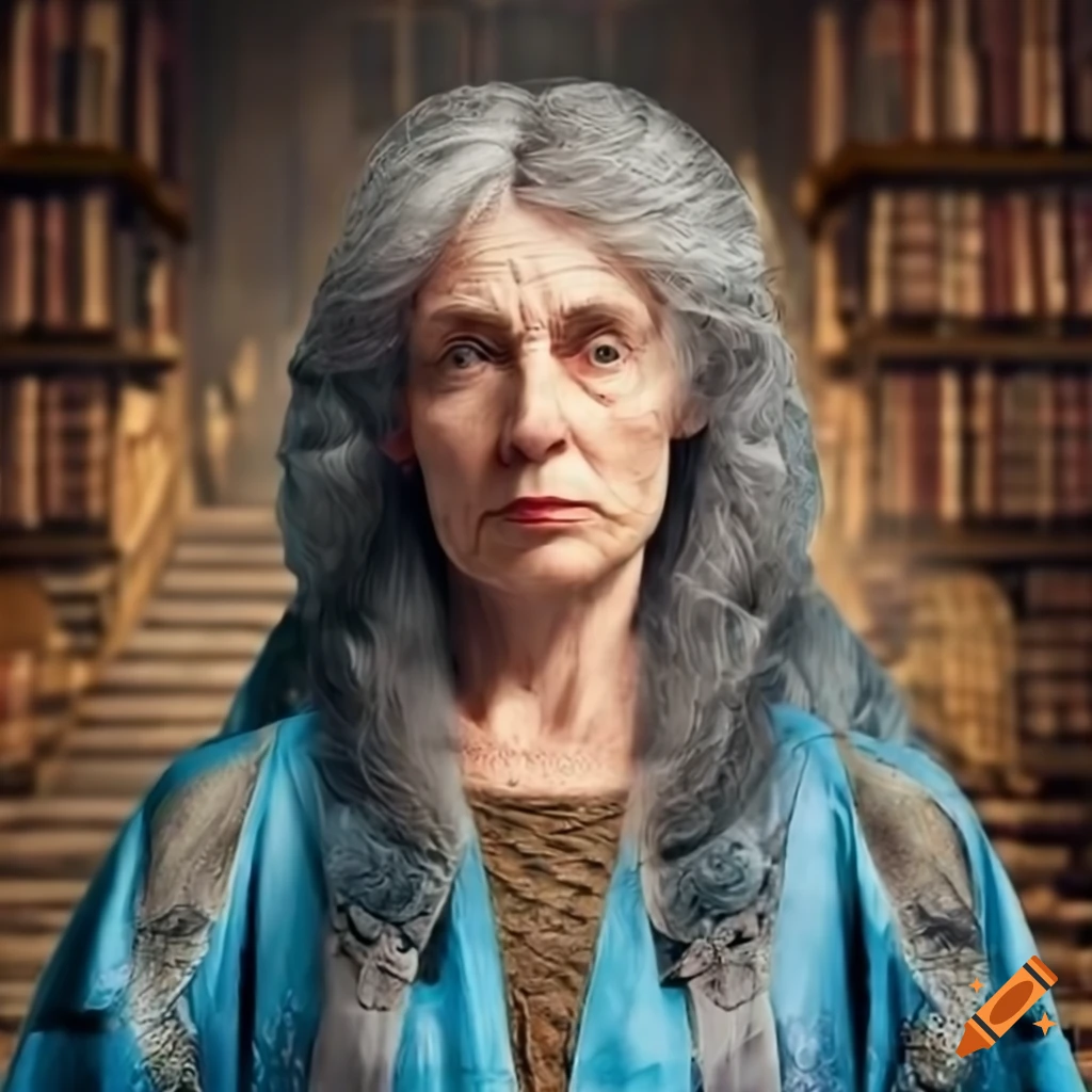 Photo of a woman in a blue robe in an ancient library on craiyon
