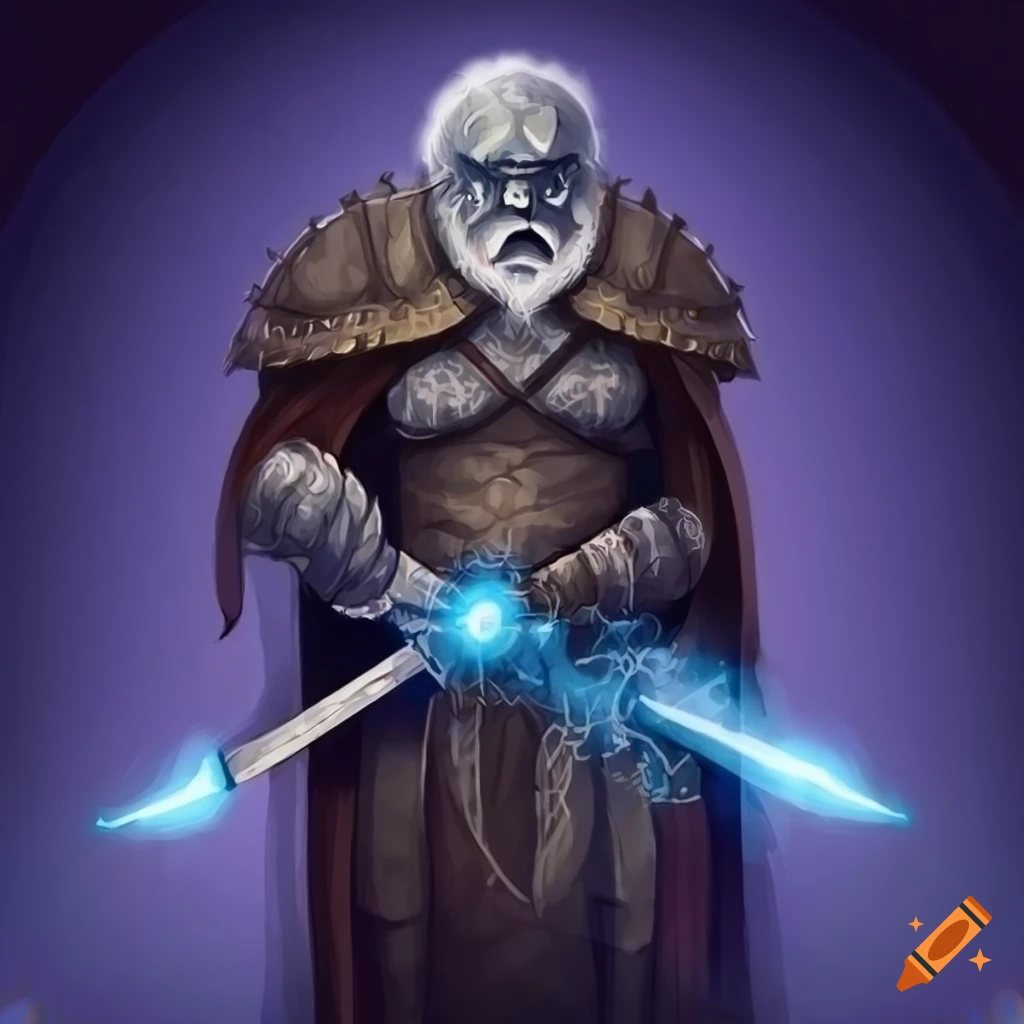Fierce illustration of an old warrior with glowing eyes and sword on ...