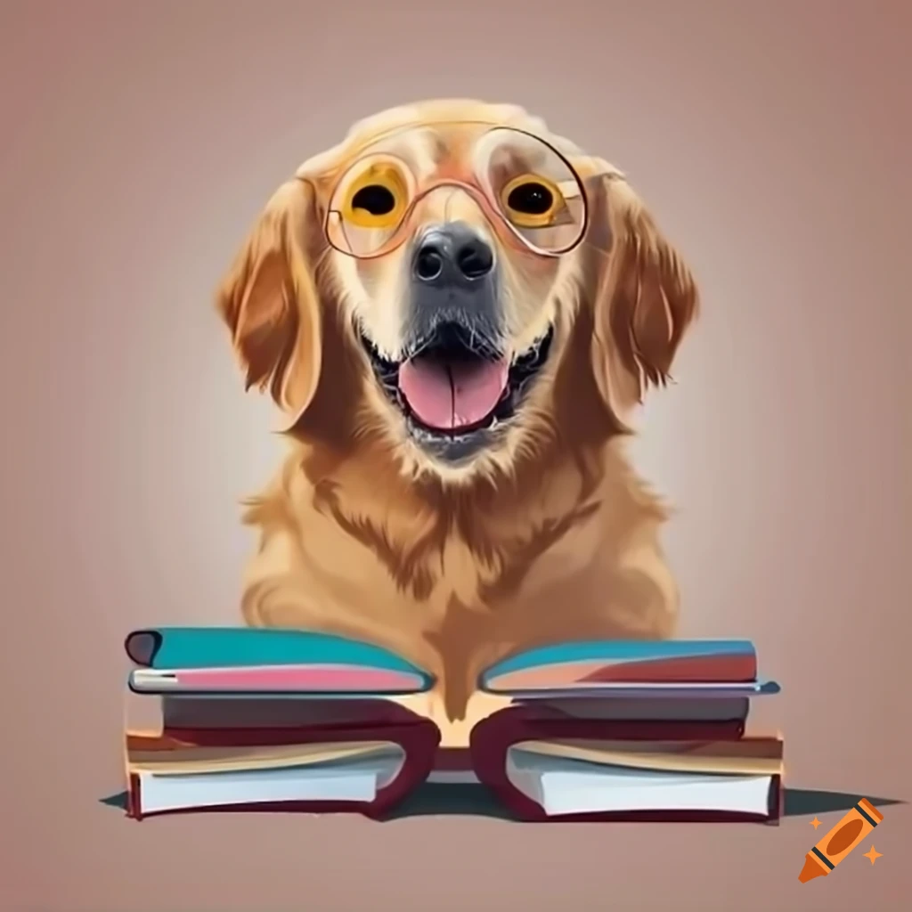 a golden retriever wearing glasses and studying