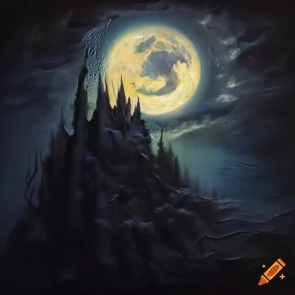 dark oil painting of a melting cresent moon in the night sky