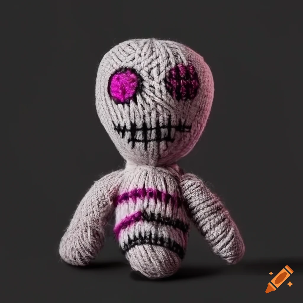 black and gray voodoo doll with dark magenta accents