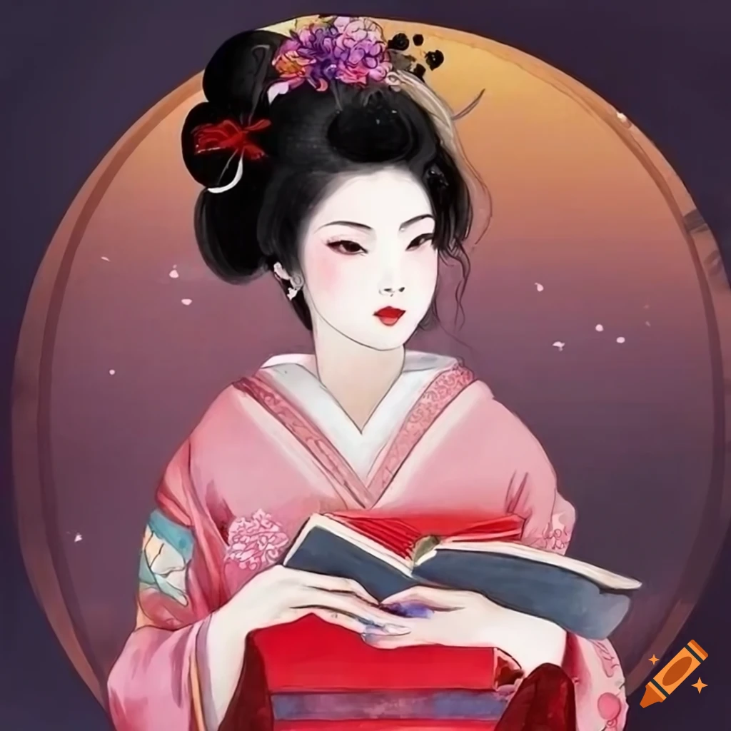 geisha reading under cherry blossom tree