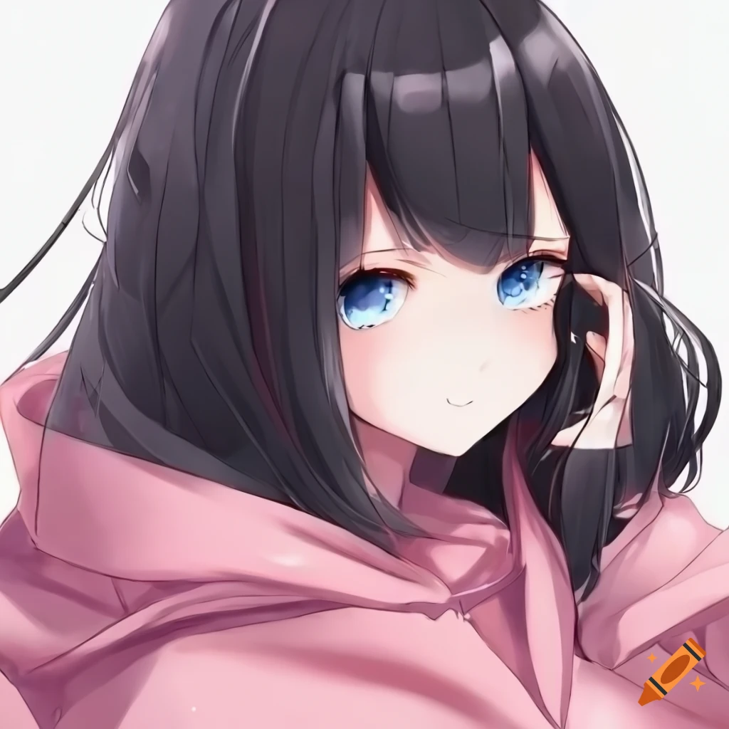 anime girl with black hair and blue eyes in a pink hoodie