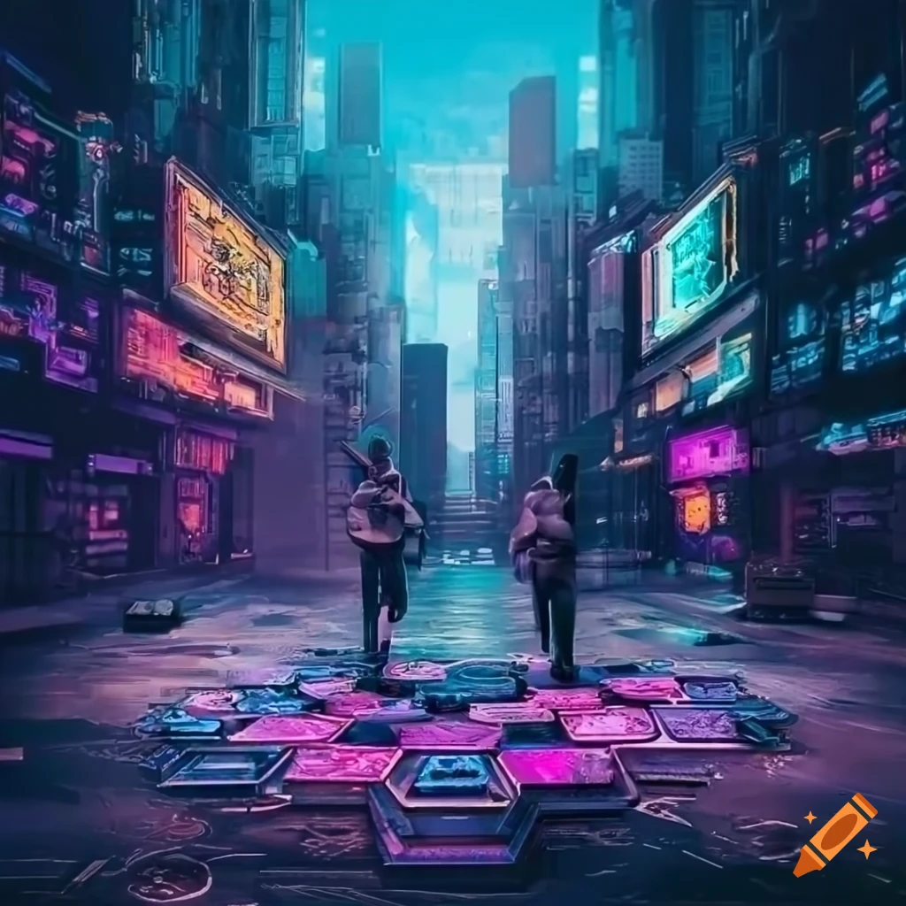 Cyberpunk game board with futuristic city background
