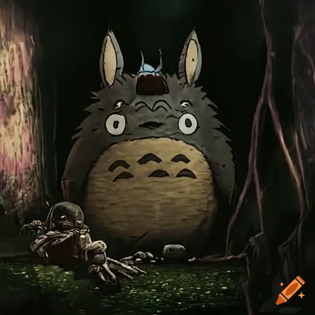 Artistic video game scene with totoro and blade runner theme on Craiyon