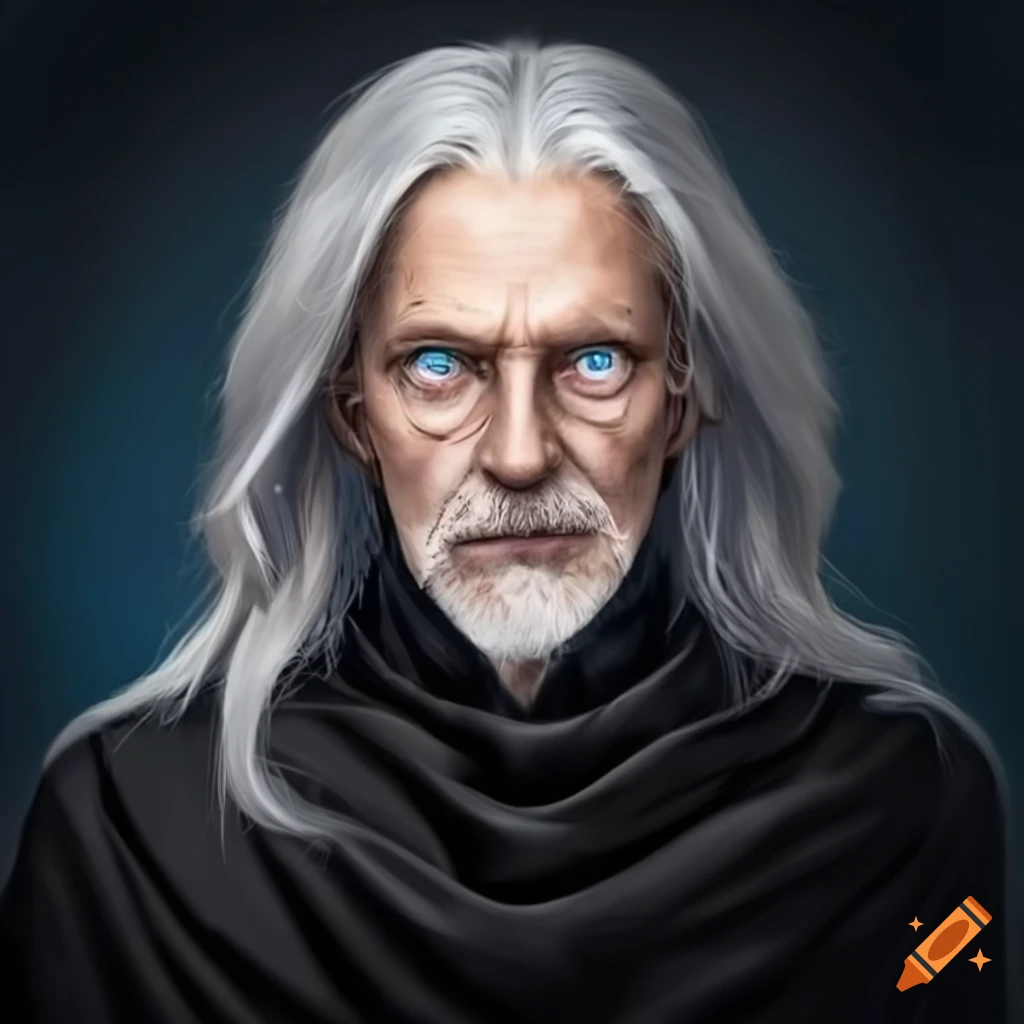 portrait of a 55 year old magician with blue eyes and long gray-blond hair